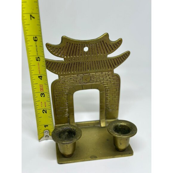 VTG Brass Pagoda-Inspired Double Candle Holder Heavy MCM Decor Style Gold - Picture 5 of 6